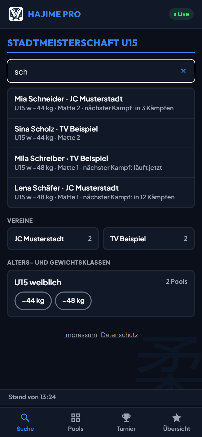 Die Teilnehmer-App mit Suche: Treffer mit Verein, Klasse, Matte und der Zahl der Kämpfe bis zum nächsten Kampf