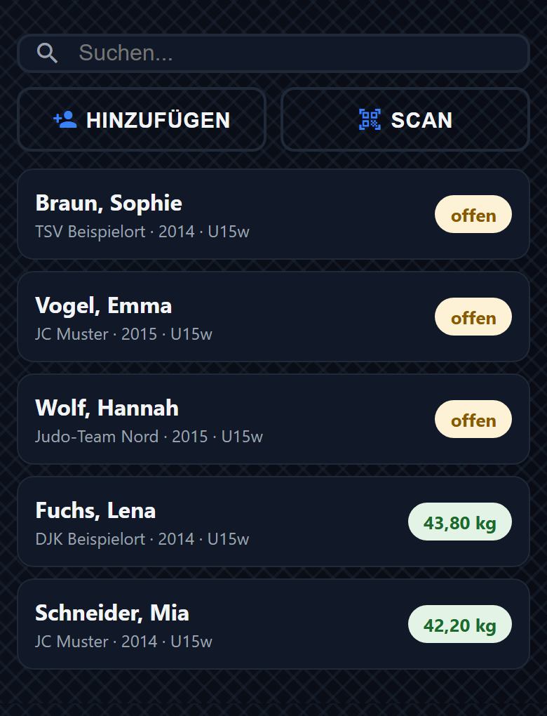 Die Teilnehmerliste in der App mit Suche, Knöpfen Hinzufügen und Scan sowie dem Gewicht der bereits gewogenen Kämpferinnen