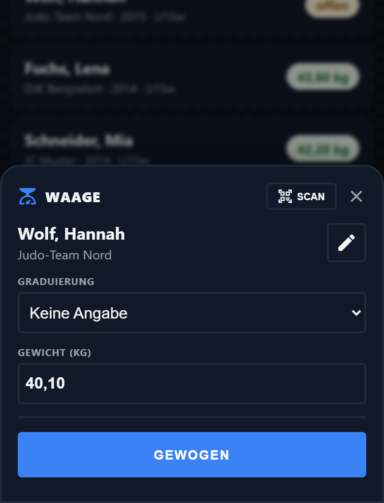 Das Waage-Fenster in der App mit Name, Verein, Gewichtsfeld und dem Knopf Gewogen